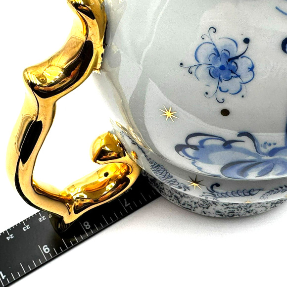 ANTHROPOLOGIE Fancy White Blue 21k Gold trim Floral Pitcher Vase. 8" inches tall - Picture 7 of 7